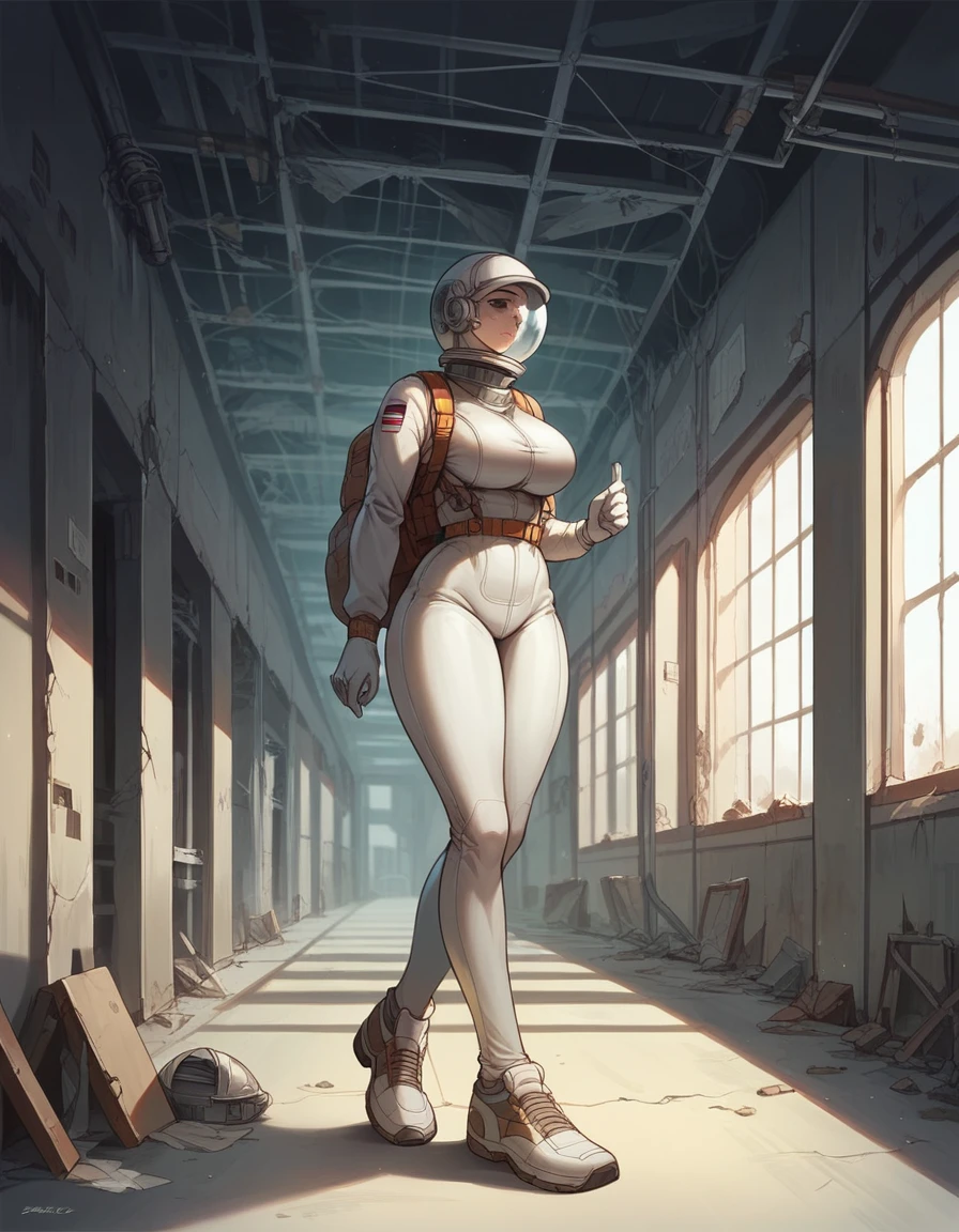 Masterpiece , best quality , Masterpiece , best quality , 1 woman , astronaut suit , wear a hat , big breasts , abdomen , Beautiful legs , shoe , full body , abandoned factory