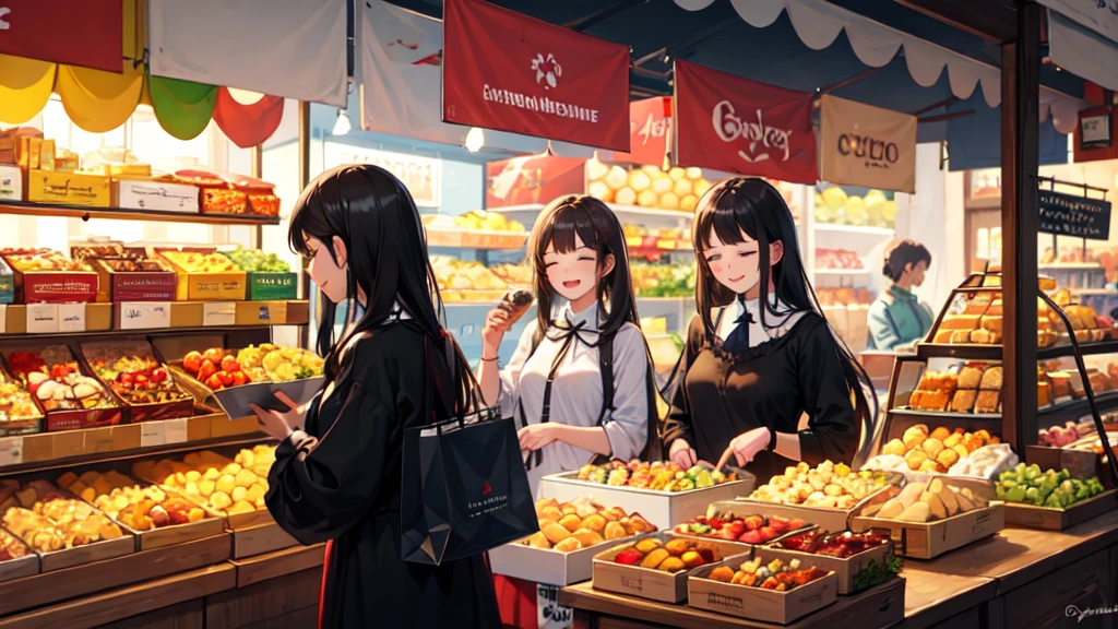 Shopping happily,close your eyes,smile,((Highest quality)), ((masterpiece)), (Familiar), Perfect Face,Medieval European World,Shopping at the food stalls