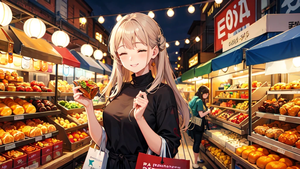 Shopping happily,close your eyes,smile,((Highest quality)), ((masterpiece)), (Familiar), Perfect Face,Medieval European World,Shopping at the food stalls
