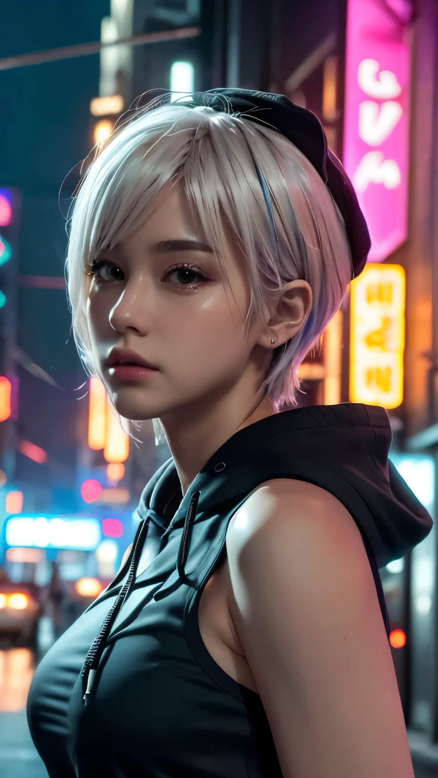 masterpiece, Highest quality, Very detailed, 8k, Realistic, One Girl, alone, Tomboy, Very detailed face, (head shot:1.5), Cyberpunk neon lit futuristic city、Neon lights illuminate the scene, at night, Cyberpunk art, 32K, Ultra HD, Unreal Engine Rendering, Cinema Lighting,Pixie cut white hair, He is wearing a short tank top and an open-zipped hoodie.....,I can see your chest,Nice ass,Wear a New Era cap