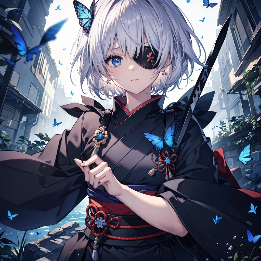 (((1 person put on an eyepatch Gray Hair))) ((High resolution short hair Black kimono shoulder Also々funny Face knifeを胸の前で構える)) ((Black Band warrior Lonely despair blue eyes close)) ((Blue Butterfly night Japanese style old Shining Aura garden water surface Catch the wind)) (dance 日本knife knife Slashing) 月night moonlight star Draw your sword Shining Background Shining Edges
