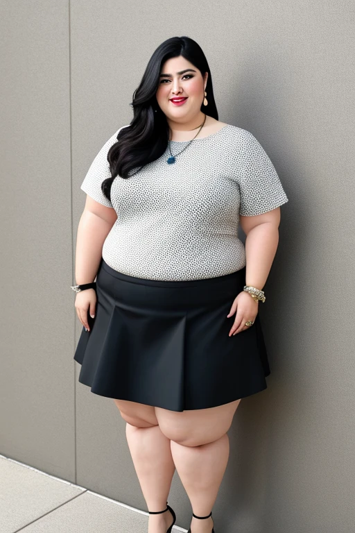 masterpiece, best quality, Real picture, 140kg extremely obese woman, large stomach, mini skirt, high heel, necklace, earring, bracelet