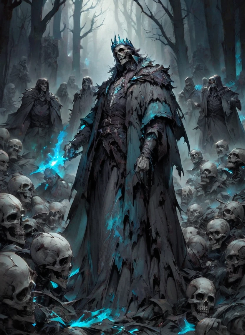 warlock dnd's patron, undead king, blue eyes glowing, dark Woods, cold gray colors, Skeleton army in background, Bloodstained dress, blood aura