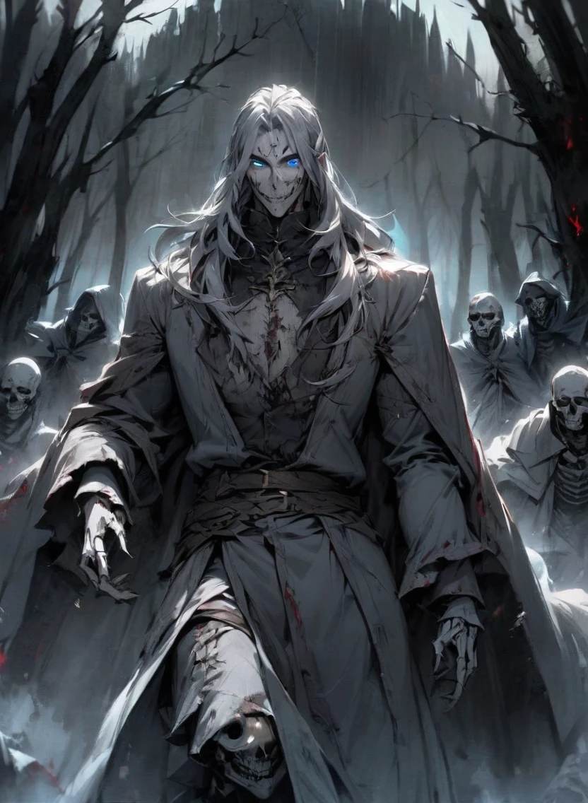 warlock dnd's patron, undead king, blue eyes glowing, dark Woods, cold gray colors, Skeleton army in background, Bloodstained dress, blood aura
