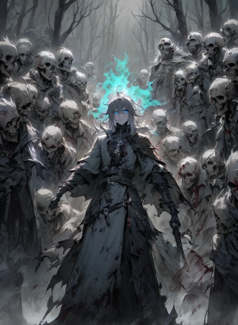 warlock dnd's patron, undead king, blue eyes glowing, dark Woods, cold gray colors, Skeleton army in background, Bloodstained dress