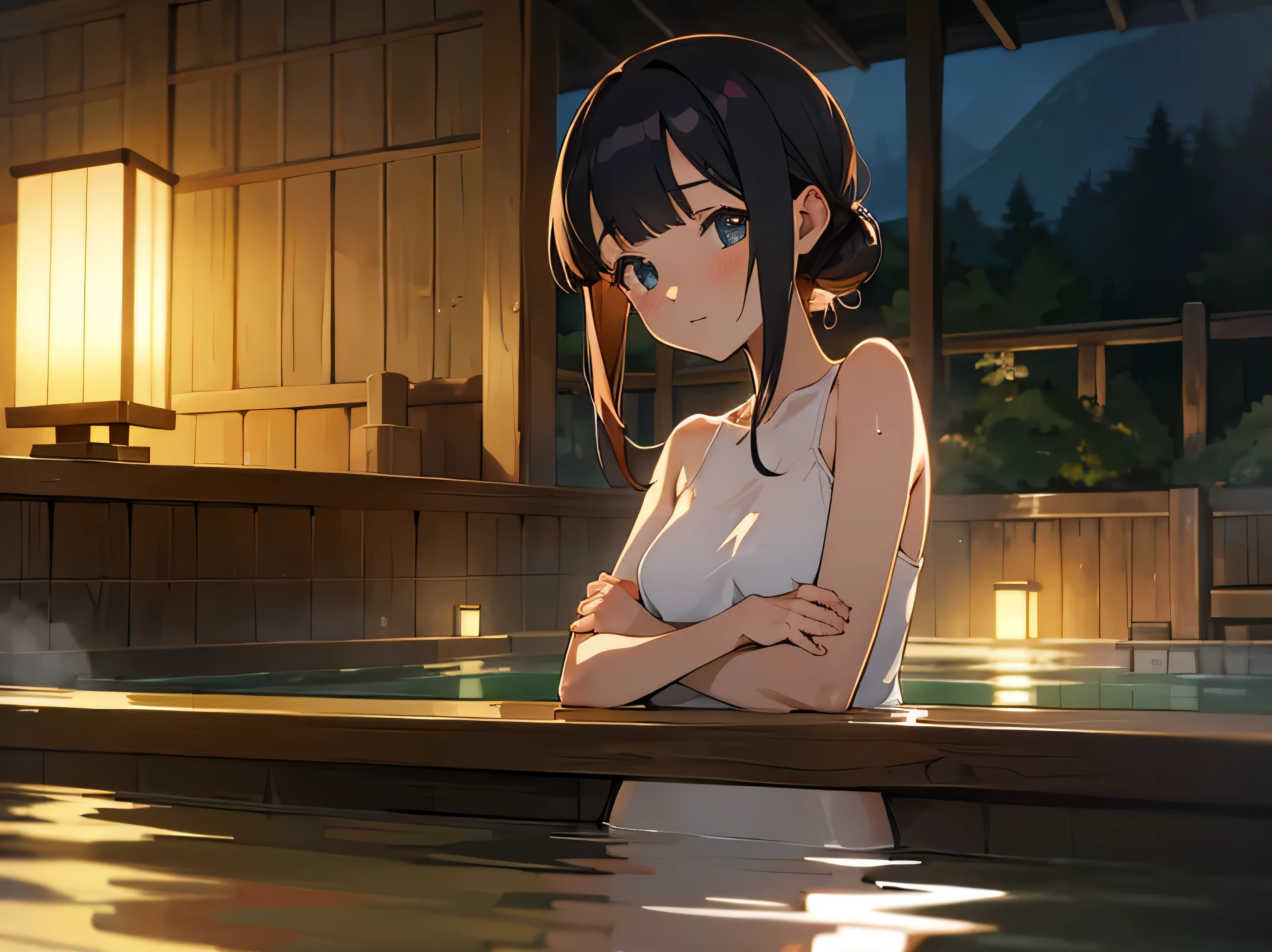 Realistic background blur that looks like it was taken with a high-performance camera.、Please provide high quality illustrations.......。A beautiful girl soaking in a hot spring with a relaxed expression.、Beautifully depicts the steam rising from the bathtub.......。Attention to detail in hair and skin、Enjoy the natural texture。To convey the atmosphere of a hot spring area、Please draw the surrounding scenery and hot spring facilities........。Highlights a beautiful girl wearing a red bikini。。、Please draw an illustration that takes advantage of her charm........。"