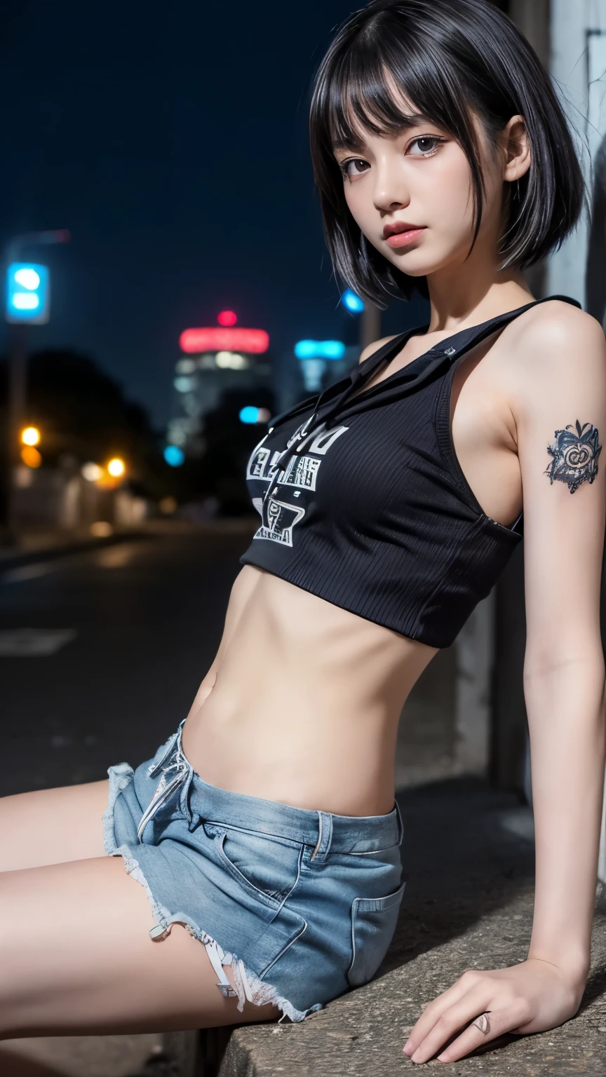 High resolution、1 female、girl、Black Hair、short hair、Slanted Eyes、blue eyes、thin、hoodie、fur、Tank top、Shorts、belly button、Tattoo stickers、Night view
