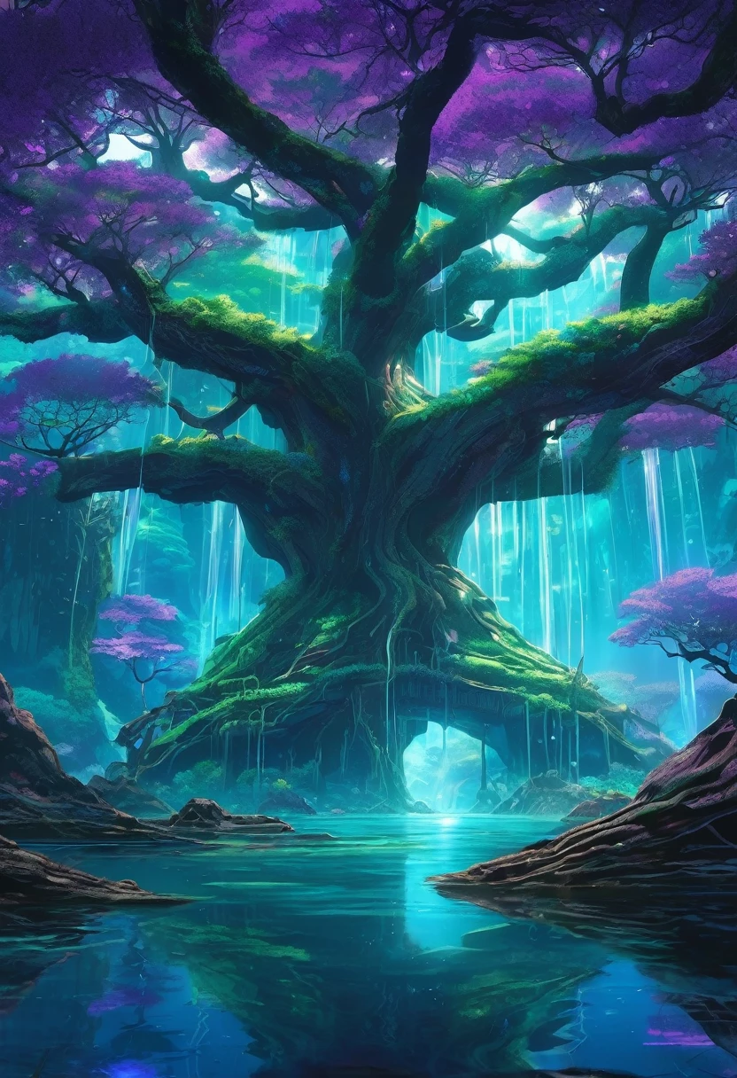 Luminescent Grand Tree, Colossal Mangrove Tree with Bioluminescent veins of light illuminating the alien jungle landscape, Grand Tree, Turquoise and Purple color scheme only, Turquoise and Purple colors only, Turquoise and Purple, Made in Abyss, Stormlight Archive, Studio Ghibli, Anime Key Visual, by Makoto Shinkai, Deep Color, Intricate, 8k resolution concept art, Natural Lighting, Beautiful Composition, Xianxia style