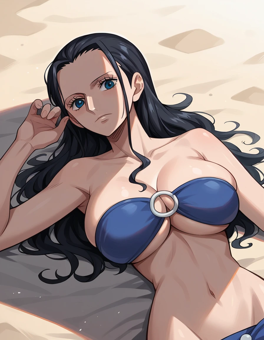 score_9, score_8_up, score_7_up, best quality, source_anime, clear face, 1girl, Nico Robin, black hair, long hair, blue eyes, large breasts, bandeau-bikini, looking at viewer, beach, face down, lying, press breasts