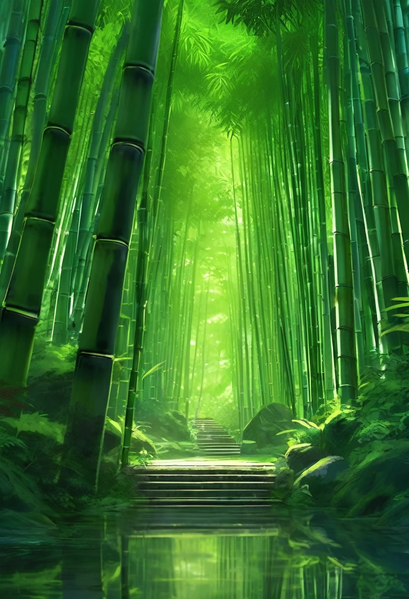 Grand Bamboo Grotto, A large and dense bamboo forest hidden inside a grotto cavern, Bamboo Forest, Green and Black color scheme only, Green and Black colors only, Green and Black, Made in Abyss, Stormlight Archive, Studio Ghibli, Anime Key Visual, by Makoto Shinkai, Deep Color, Intricate, 8k resolution concept art, Natural Lighting, Beautiful Composition, Xianxia style