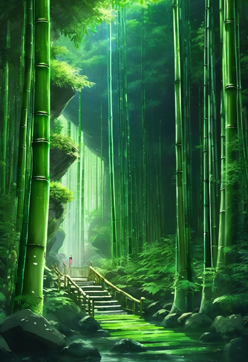 Grand Bamboo Grotto, A large and dense bamboo forest hidden inside a grotto cavern, Bamboo Forest, Green and Black color scheme only, Green and Black colors only, Green and Black, Made in Abyss, Stormlight Archive, Studio Ghibli, Anime Key Visual, by Makoto Shinkai, Deep Color, Intricate, 8k resolution concept art, Natural Lighting, Beautiful Composition, Xianxia style
