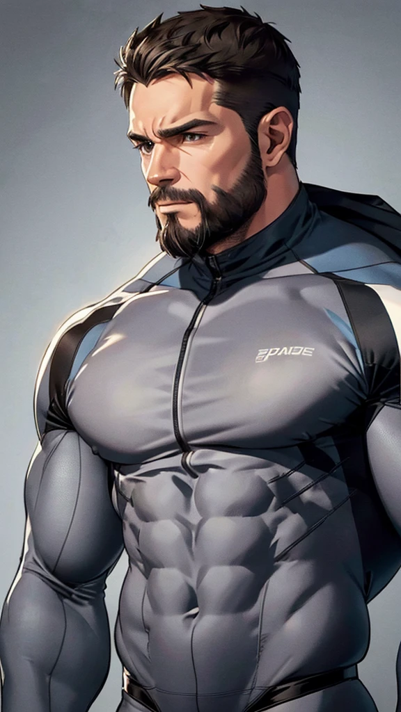 Muscular mature man in his 40s in a tight suit and realistic beard