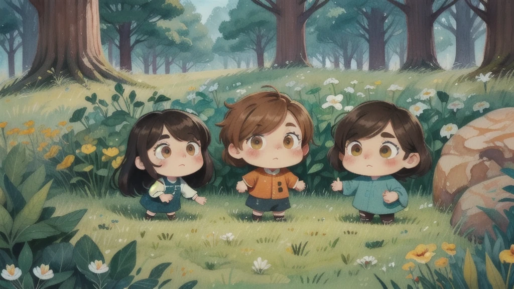 (eyes browns:1.2), playing in the grass,surrounded by plants,forst,by the flow,illustration, illustrations,,animated cartoon,guache,graffit,Watercolor painting,chibi,