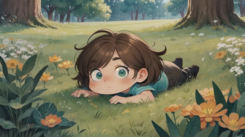 (eyes browns:1.2), playing in the grass,surrounded by plants,forst,by the flow,illustration, illustrations,,animated cartoon,guache,graffit,Watercolor painting,chibi,