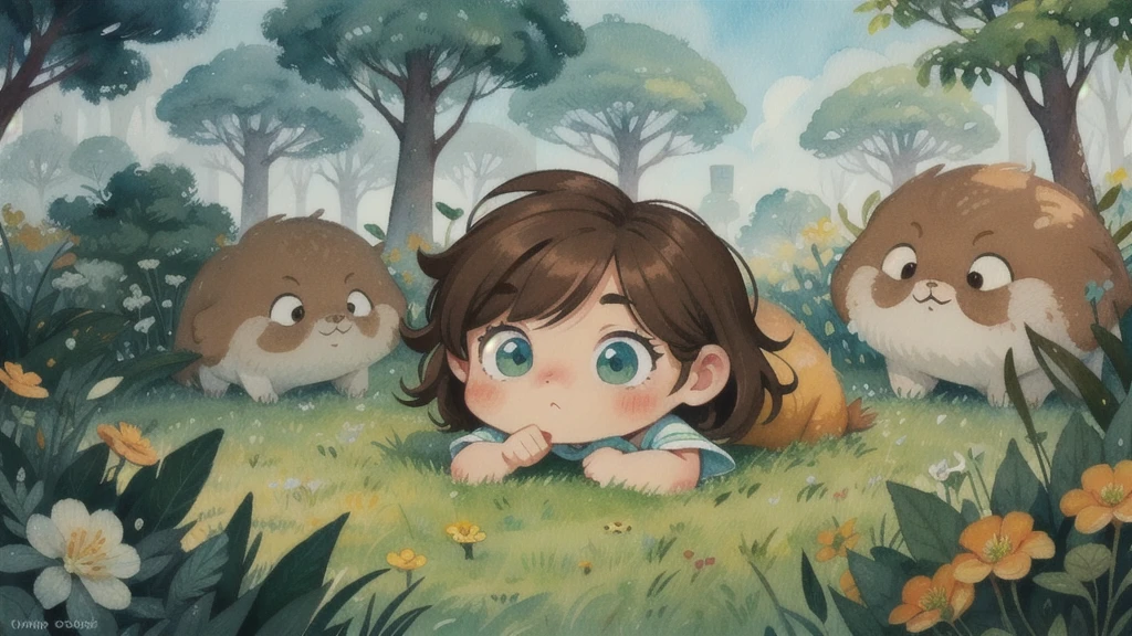 (eyes browns:1.2), playing in the grass,surrounded by plants,forst,by the flow,illustration, illustrations,,animated cartoon,guache,graffit,Watercolor painting,chibi,