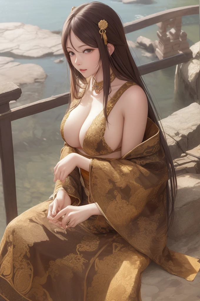 upper body, oil painting, masterpiece, best quality, highres, long brown hair, jewelry hairpin, large breast,riverside and rock or temple or bridge, extremely clothes, sitting, (song Dynasty, song clothing:1.2), 