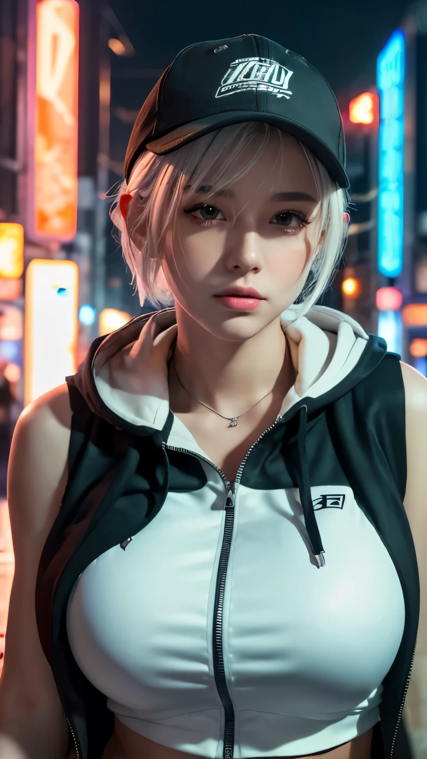 masterpiece, Highest quality, Very detailed, 8k, Realistic, One Girl, alone, Tomboy, Very detailed face, (head shot:1.5), Cyberpunk neon lit futuristic city、Neon lights illuminate the scene, at night, Cyberpunk art, 32K, Ultra HD, Unreal Engine Rendering, Cinema Lighting,Pixie cut white hair, He is wearing a short tank top and an open-zipped hoodie.....,I can see your chest,Nice ass,Wear a New Era cap