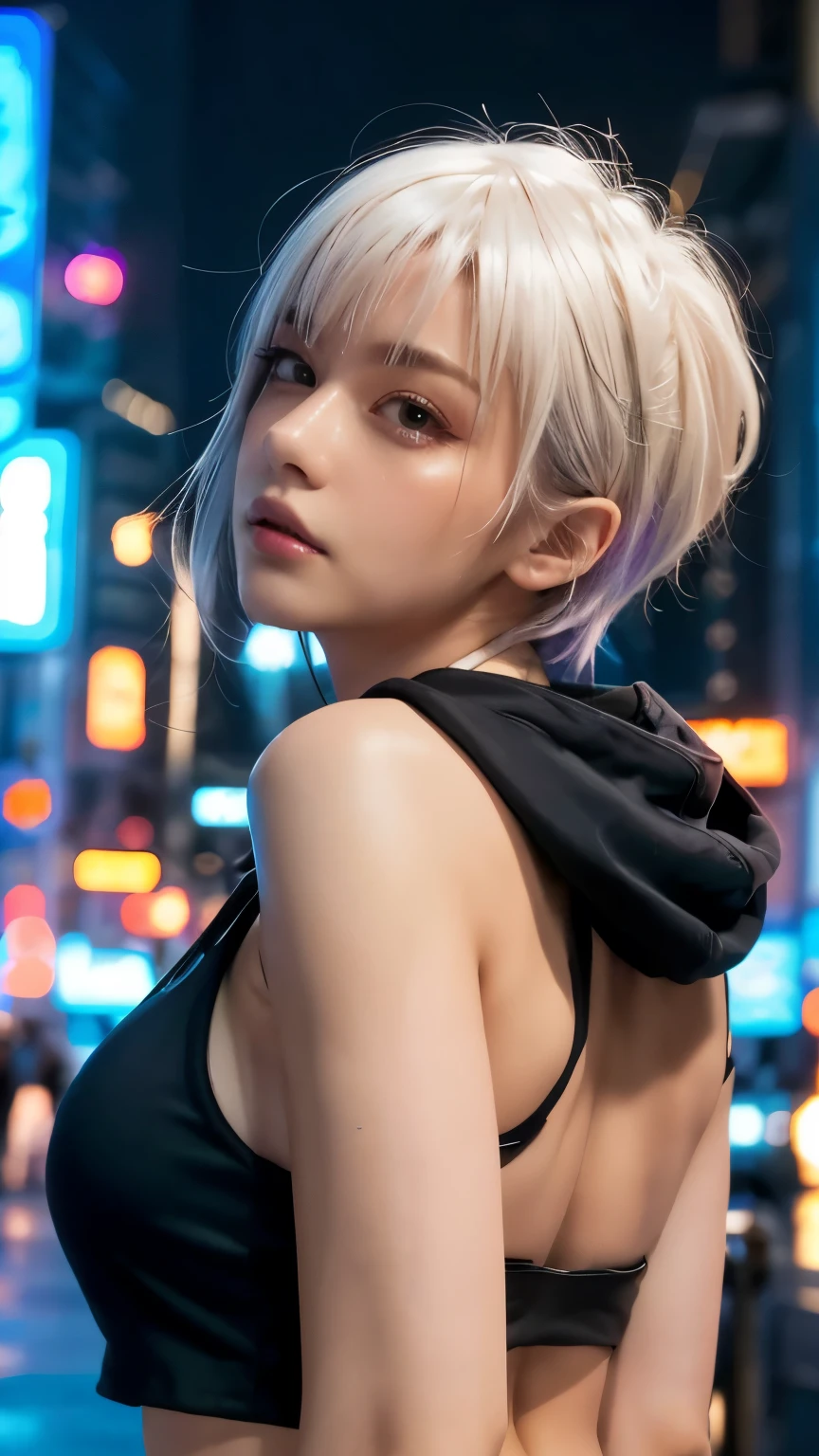 masterpiece, Highest quality, Very detailed, 8k, Realistic, One Girl, alone, Tomboy, Very detailed face, (head shot:1.5), Cyberpunk neon lit futuristic city、Neon lights illuminate the scene, at night, Cyberpunk art, 32K, Ultra HD, Unreal Engine Rendering, Cinema Lighting,Pixie cut white hair, He is wearing a short tank top and an open-zipped hoodie.....,I can see your chest,Nice ass,Wear a New Era cap
