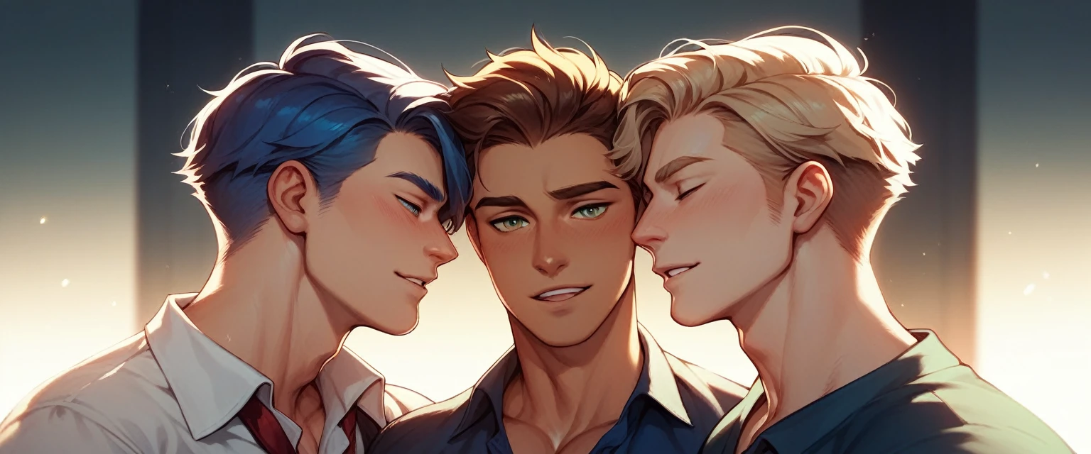 best quality, masterpiece, extremely detailed, close up of five men of different races and builds standing next to each other, varying hairstyles, gay, homoerotic, romantic atmosphere, ambient lighting, extremely dramatic shadows, perfection, no watermark, no logo, no signature