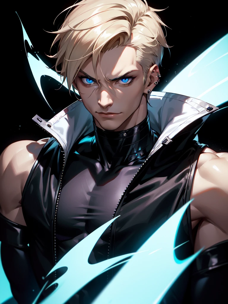 (((Portrait Photo))), He has a Bold and Edgy Appearance of a Young Man, with a Fit and Athletic Build that Exudes Confidence. His Short, Straight Light Blonde Hair Frames His Face with a Sleek and Modern Style, Adding to His Striking Presence. His Piercing Blue Eyes are Full of Determination and Intensity, Reflecting His Strong Will and Fierce Spirit. He is Dressed in a Black Leather Jacket with Silver Accents, Paired with a Simple Black Tank Top, Creating a Look that is Both Tough and Chic. His Expression is Confident and Mischievous, with a Hint of a Smirk, Conveying a Sense of Independence. (((High Quality, Dark Background))), (((Portrait Photo)))