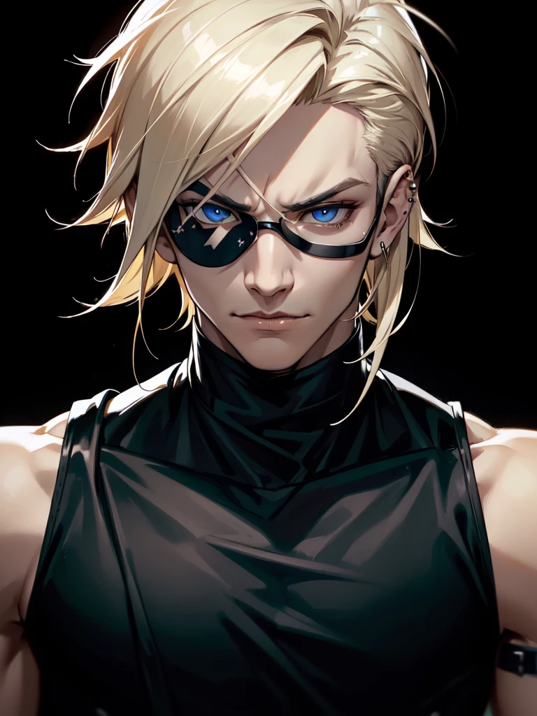 (((Portrait Photo))), He has a Bold and Edgy Appearance of a Young Man, with a Fit and Athletic Build that Exudes Confidence. His Short, Straight Light Blonde Hair Frames His Face with a Sleek and Modern Style, Adding to His Striking Presence. His Piercing Blue Eyes are Full of Determination and Intensity, Reflecting His Strong Will and Fierce Spirit. He is Dressed in a Black Leather Jacket with Silver Accents, Paired with a Simple Black Tank Top, Creating a Look that is Both Tough and Chic. His Expression is Confident and Mischievous, with a Hint of a Smirk, Conveying a Sense of Independence. (((High Quality, Dark Background))), (((Portrait Photo)))