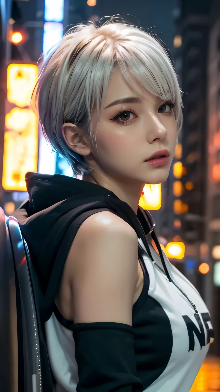 masterpiece, Highest quality, Very detailed, 8k, Realistic, One Girl, alone, Tomboy, Very detailed face, (head shot:1.5), Cyberpunk neon lit futuristic city、Neon lights illuminate the scene, at night, Cyberpunk art, 32K, Ultra HD, Unreal Engine Rendering, Cinema Lighting,Pixie cut white hair, He is wearing a short tank top and an open-zipped hoodie.....,I can see your chest,Nice ass,Wear a New Era cap