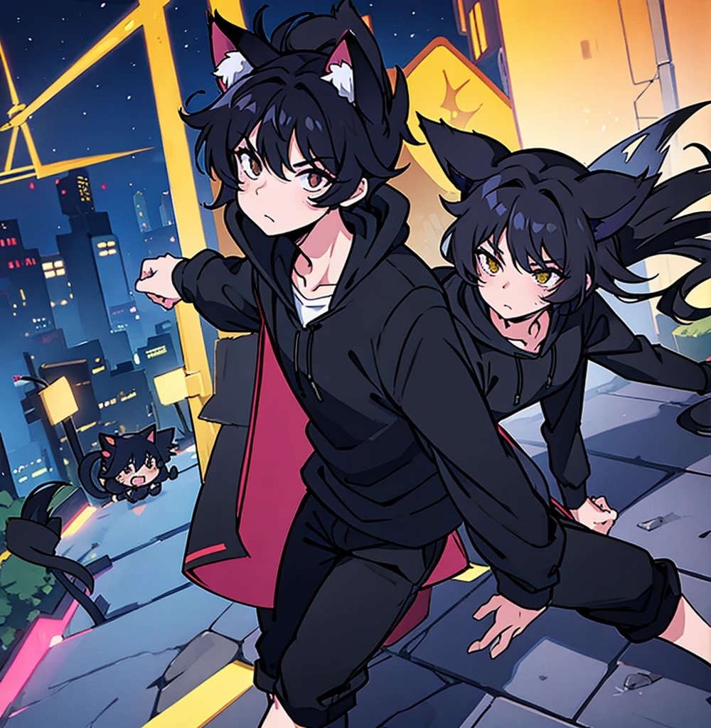 2d anime cat boy with black hair and kitty ears, wearing black hoodie, black pants, walking under city lights at night