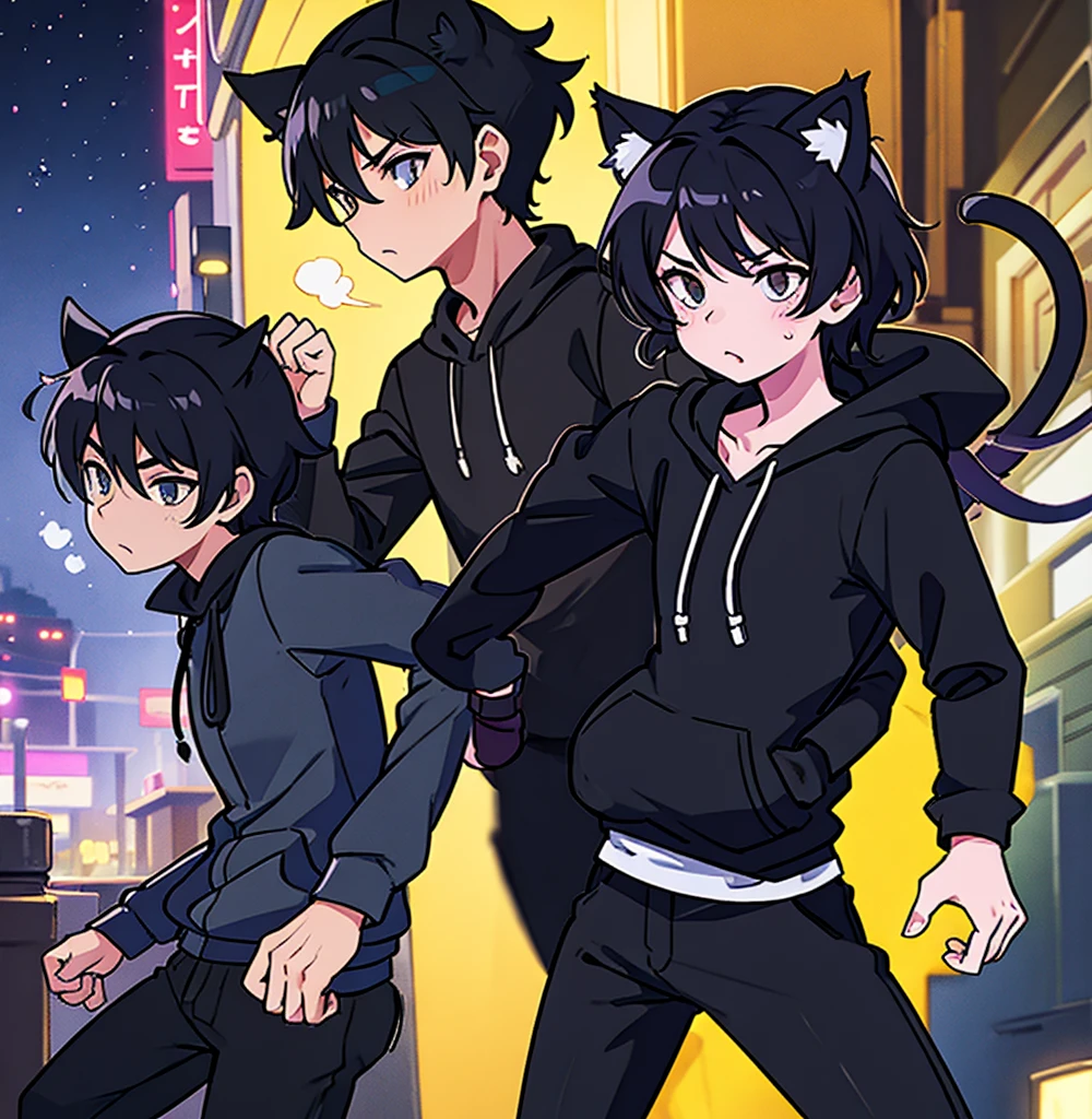 2d anime cat boy with black hair and kitty ears, wearing black hoodie, black pants, walking under city lights at night