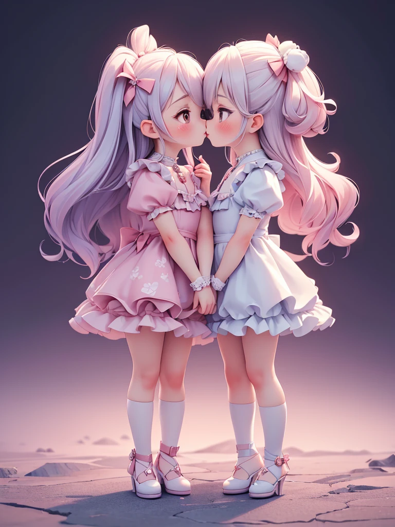 (((kiss))), ((petite bishojo, little 2girls)), ((cute face)), ((cute puffy eyes)), ((masterpiece)), ((best quality)), ((ultra detailed)), ((exquisite)), ((depth)), ((crisp)), ((8k)), ((beautiful and aesthetic)), (super detailed skin), ((high standard)), ((highres)), ((perfect anatomy)), (full body), (blush), (rouge), (wuv jk)