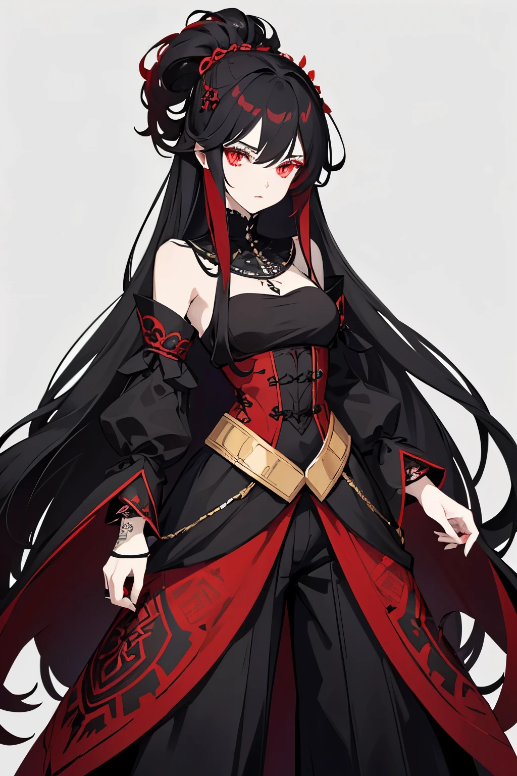 The character has a pale white face. The hair is long, black with red highlights, and styled in a way that gives it volume. The outfit consists of a black top with intricate red designs and black, wide-legged pants with subtle patterns. The overall appearance is dark and stylish, resembling a gothic or punk aesthetic.