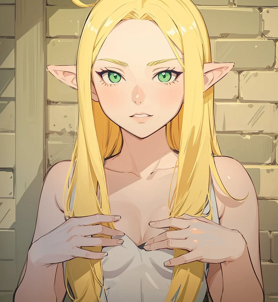 In Yusuke Murata style, Hold the pose, but draw with flat colors, cel shading, limited color palette and simplified lighting. a sexy girl . corpo sexy, green eyes, hair blonde, Eleven .