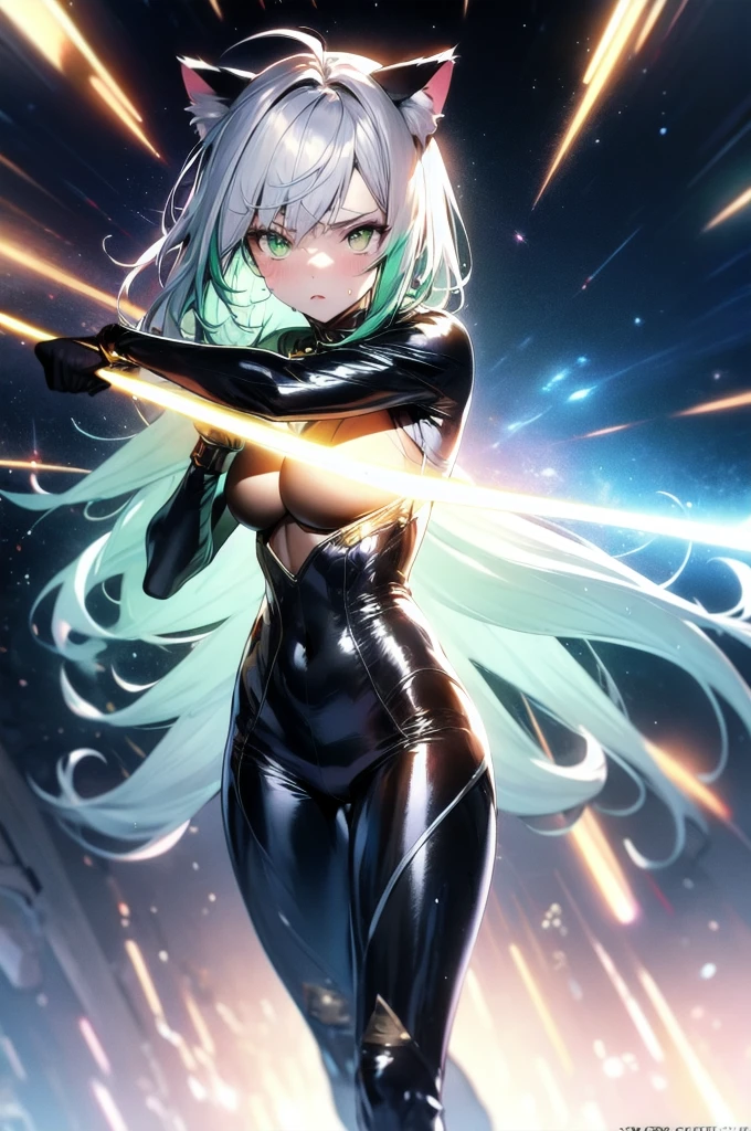 A silver-haired beautiful girl with cat ears eyes are green hair is silver and long clothes: a form-fitting black combat suit The fist is an afterimage The background is a city at night her is in a cat-like fighting pose The year is 14 years monitor, Dark Night, Sweat, Steam of Exhalation, Space, Battle, Dynamic Angle　one girl