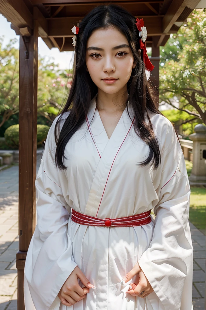 Masterpiece, คุณภาพดีatสุด, Close-up photo of Kikyo, 1 woman, alone, stand, brown eyes, long hair, Red hakama and white kimono, look_at_viewer, expressionless, on_body, ((ใบหน้าatมีรายละเอียด, ดวงตาatมีรายละเอียด:1.3)) ((Village Background:1.0))