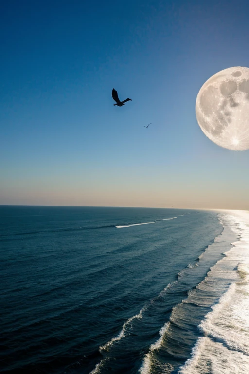 A magical bird flying on sea towards moon