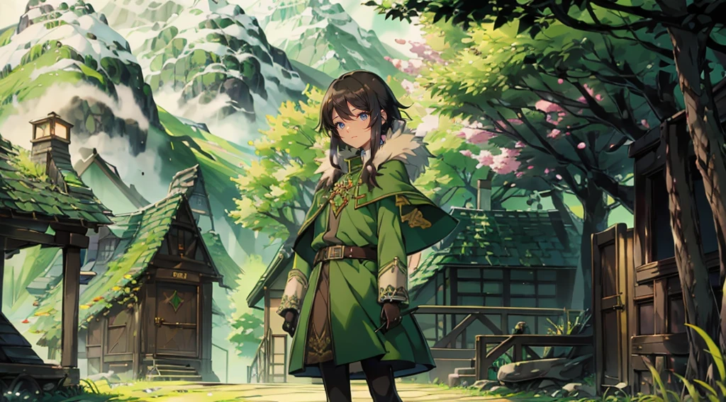 yuichiro hyakuya girl, (WithoutFear:1), 1 girl, black hair, green eyes, brown coat, gray armor, elves, sylvan, green shield, green cloak, dark brown gloves, forest, white fur trim, anime, standing, good quality, portrait, looking at viewer