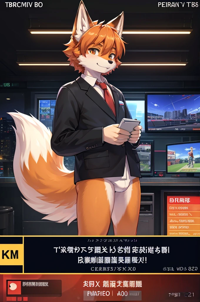 fox boy,Television anchor,8k resolution,high resolution,最high resolution,News-like caption,Broadcasting station logo,Casual wear,Display the emergency alert message below,Like I was in a hurry.