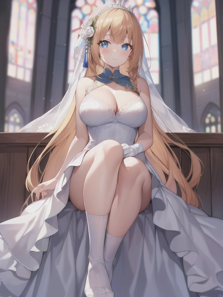 A girl,Long hair, Bangs, Pink Hair, Hair between the eyes, s eyes,蓝色s eyes:(1.5), (Large Breasts:1.2),
rest 锁骨, Wedding dress,veil,wedding,White Dress,Flowers,The skirt is broken,White socks,Tights,White knee socks,Clive Arch,
Looking at the audience, whole body,
indoors, church,Everlasting,Everlasting,
rest (masterpiece:1.2), best quality, high resolution, Unity 8K wallpaper, (illustration:0.8), (美丽细致s eyes:1.6), Extremely detailed face, Perfect lighting, Extremely detailed CG, (Perfect hands, Perfect anatomical structure),