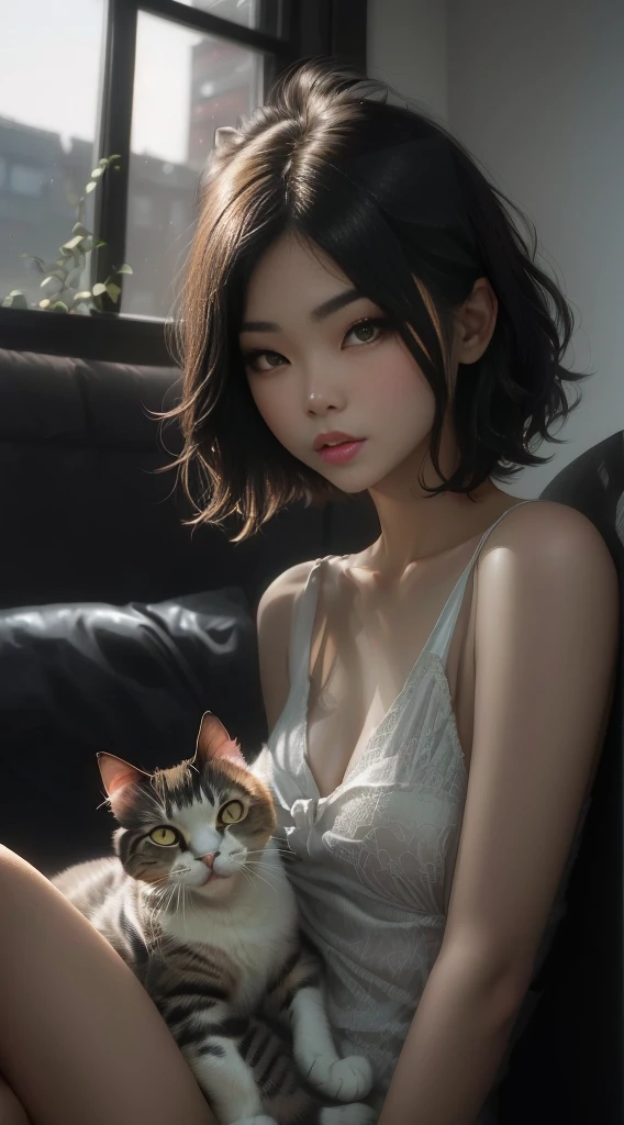 araffe Miss sitting on a couch with a cat in her lap, Very beautiful and cute cat girl, Charming cat girl, Beautiful young catwoman, short hair, beautiful Asian Girls, Asian Girls, Japanese Models, author：Yang J, young Asian Girls, Miss / Cat hybrid breeds, Young cute girl, Li Song, sexy look at the camera, 🤤 Girl Portrait