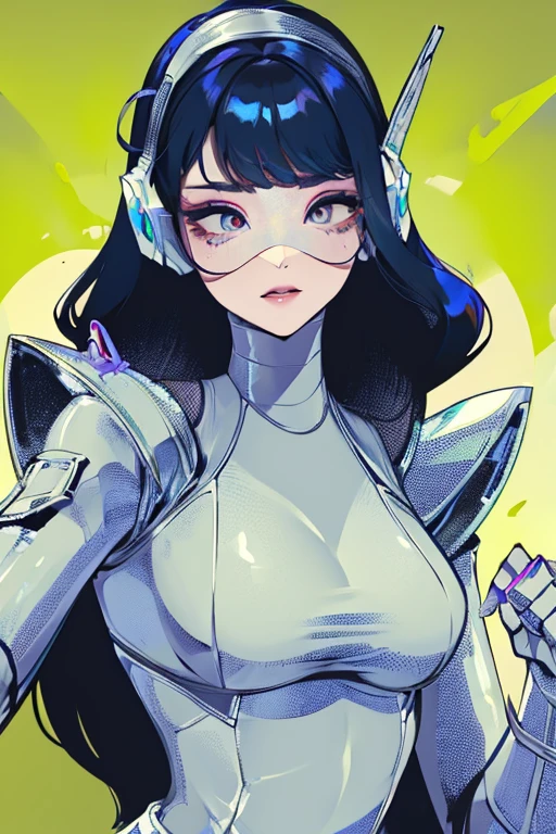empty eyes,robotized woman ,big bust,Robot Joint ,Metal skin,Black Suit,long hair,a suit that covers the whole body,mechanization,robot, robot ear