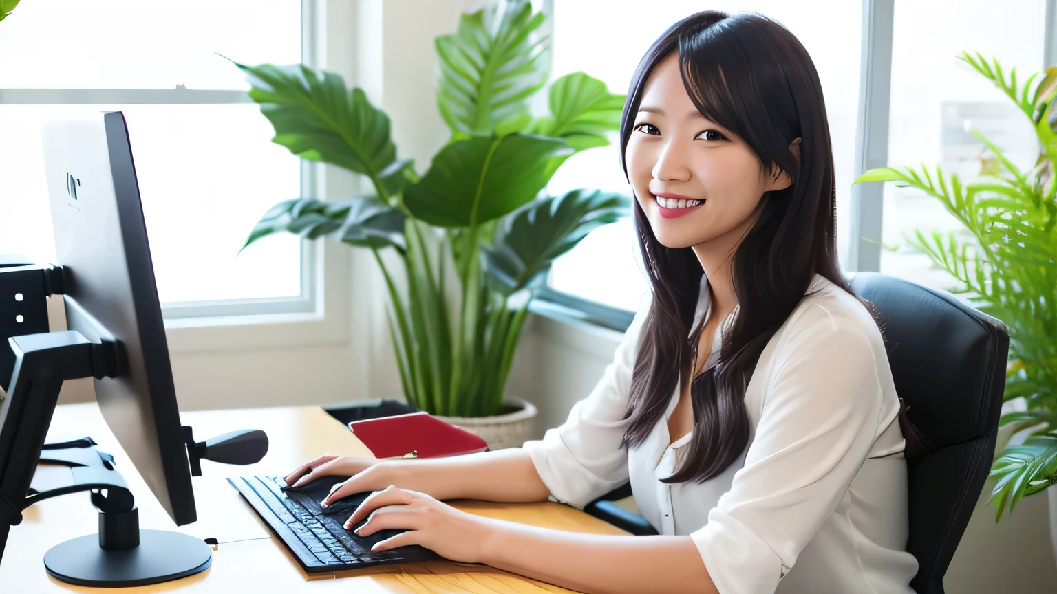 30-year-old female, Semi-long hair, Casual clothing, white blouse and jeans, Casual office, desk, Working on a computer, smile, Modern office chair, ウッドdesk, Foliage plant, Natural light from the window