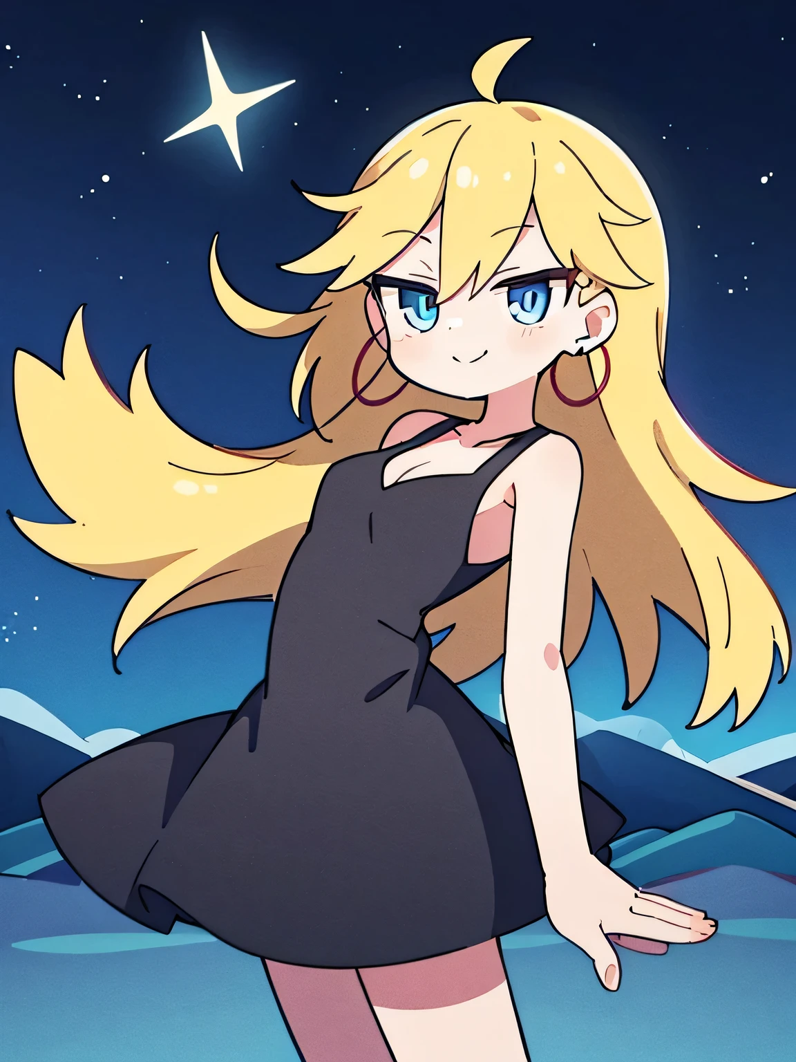 masterpiece, best quality, psgpanty, black dress, sleeveless, hoop earrings, bare shoulders, cleavage, night sky, shooting stars, hills and mountains, smile, blue eyes, standing on the railin