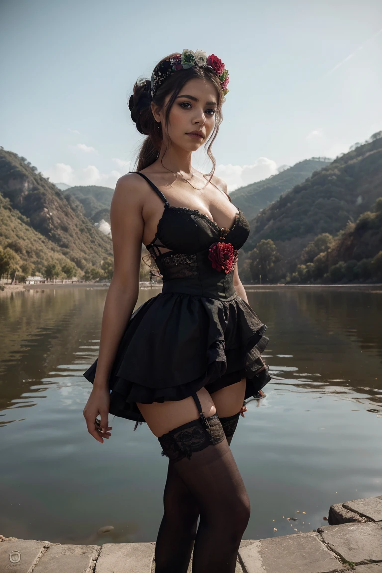 centre composition. subject low in picture. Dias de los Muertos revealing La Catrina costume. alluring sexy sensual woman wearing Day Of The Dead face make-up, standing on high dam top above mexico village. vintage photograph. 8k cinematic. hyper-realistic. 