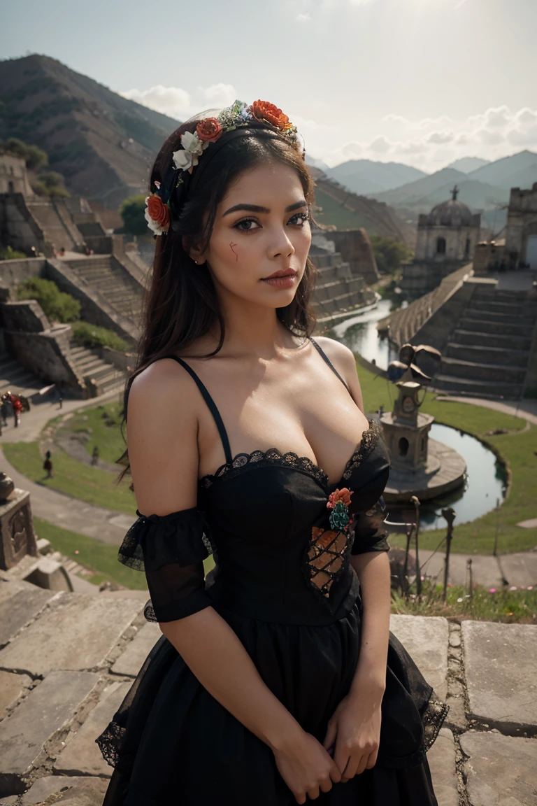centre composition. subject low in picture. Dias de los Muertos revealing La Catrina costume. alluring sexy sensual woman wearing Day Of The Dead face make-up, standing on high dam top above mexico village. vintage photograph. 8k cinematic. hyper-realistic.
