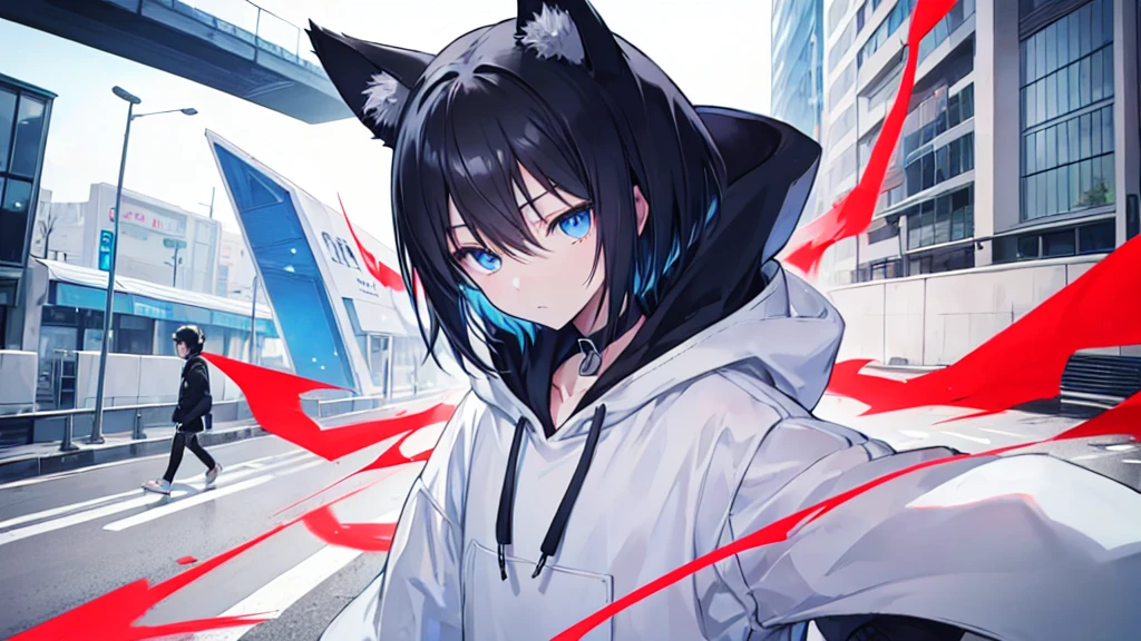 ung man,black and white short hair anime,blue eyes,White hooded sweatshirt,Red headphones hang around your neck.,powerful expression,on the path,spirit,black cat ears ,black cat mall,Biting a woman's neck,Vampire fangs,full body