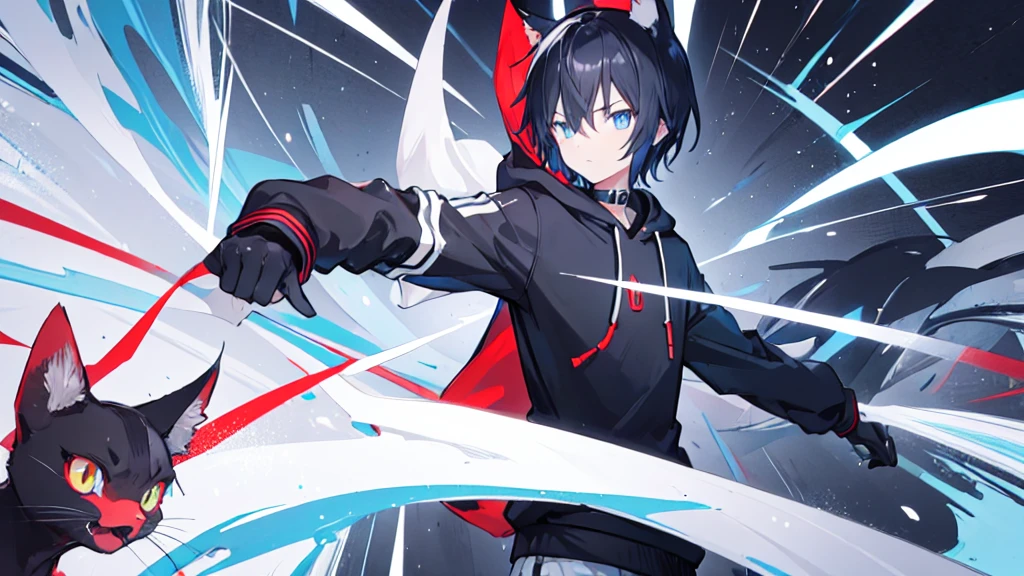 1 young man，black and white short hair anime，blue eyes，White hooded sweatshirt，Red headphones hang around your neck.，powerful expression，on the path，spirit，black cat ears ，black cat mall，Biting a woman&#39;s neck，Vampire fangs，full body