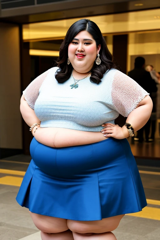 masterpiece, best quality, live action photo, 140kg extremely obese woman, large stomach, mini skirt, high heel, necklace, earring, bracelet