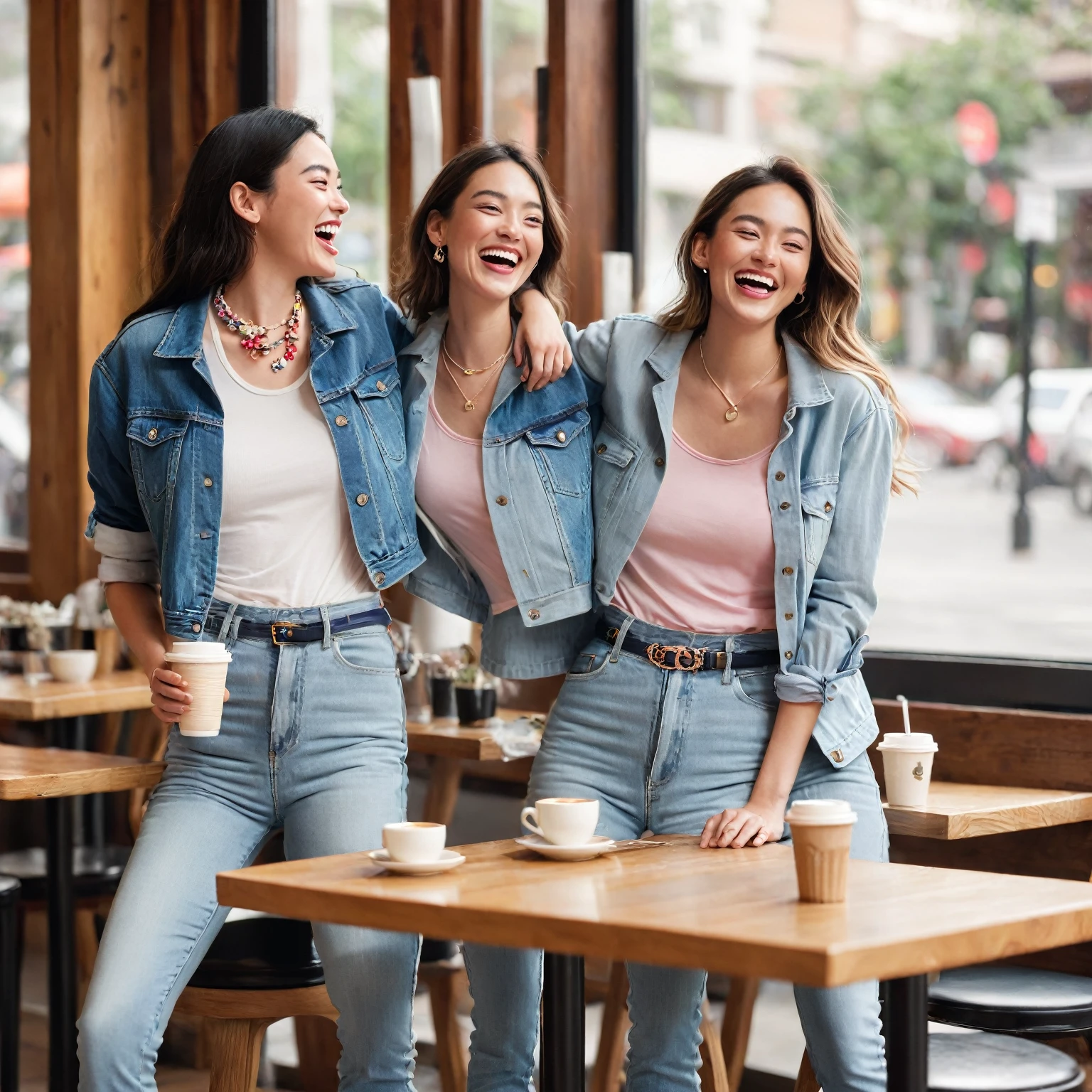 A high-resolution, cinematic photo of two women laughing and chatting at a cafe table, showcasing their casual chic outfits. One woman wears a pair of high-waisted skinny jeans in a light wash with a slight amount of stretch. On top, she sports a cropped chambray jacket with a classic collar, button closures, and rolled cuffs revealing a glimpse of a white tee with navy stripes underneath. Both the jacket and tee cuffs are rolled again, showcasing a contrasting pale pink fabric peeking out. The other woman wears the same light wash jeans but pairs them with a cropped chambray shirt tied at the waist, revealing a white tank top underneath. Both women accessorize with delicate necklaces and crossbody bags – one in a bold red and the other with a fun floral print. White sneakers complete their looks. The cafe has a warm and inviting atmosphere, with sunlight streaming through the windows and soft music playing in the background. A stack of colorful magazines rests on the table, adding a touch of visual interest.