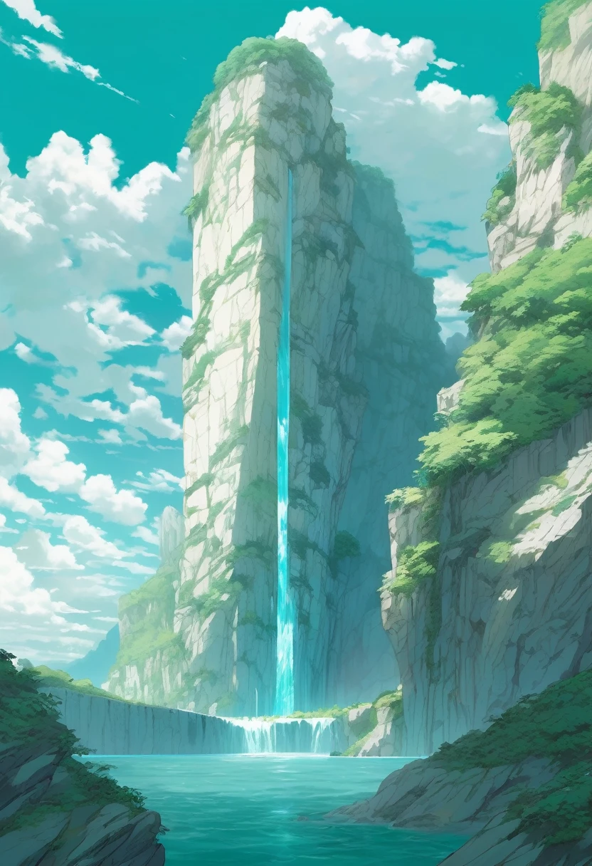 The Falling Cliffs, A sheer steep white cliff face shattering into marble slices and falling deep into the abyss, Steep White Cliff, Turquoise and White color scheme only, Turquoise and White colors only, Turquoise and White, Made in Abyss, Stormlight Archive, Studio Ghibli, Anime Key Visual, by Makoto Shinkai, Deep Color, Intricate, 8k resolution concept art, Natural Lighting, Beautiful Composition, Xianxia style