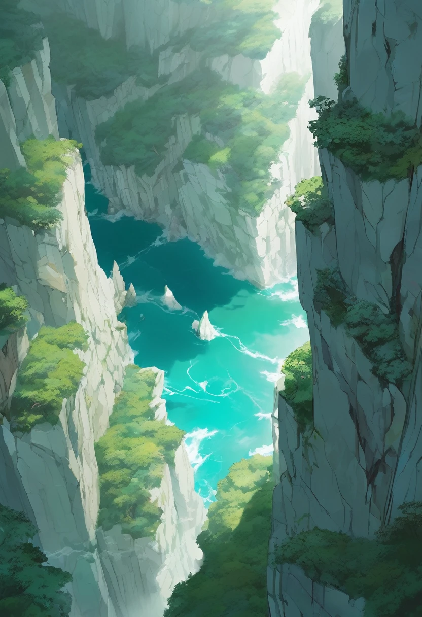 The Falling Cliffs, A sheer steep white cliff face shattering into marble slices and falling deep into the abyss, Steep White Cliff, Turquoise and White color scheme only, Turquoise and White colors only, Turquoise and White, Made in Abyss, Stormlight Archive, Studio Ghibli, Anime Key Visual, by Makoto Shinkai, Deep Color, Intricate, 8k resolution concept art, Natural Lighting, Beautiful Composition, Xianxia style