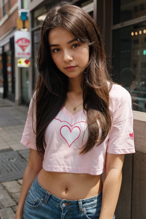 a beautiful girl with long brown hair, pink t-shirt, white jeans, standing on a street corner, MelenaMariaRya, MaryaRya, highly detailed, 8k, award winning, masterpiece, best quality